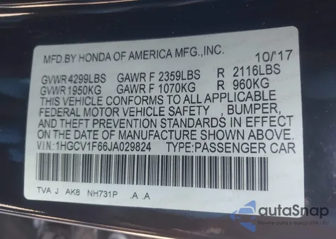 2018 Honda Accord Ex-L z USA, uszkodzony, nr VIN 1HGCV1F66JA029824
